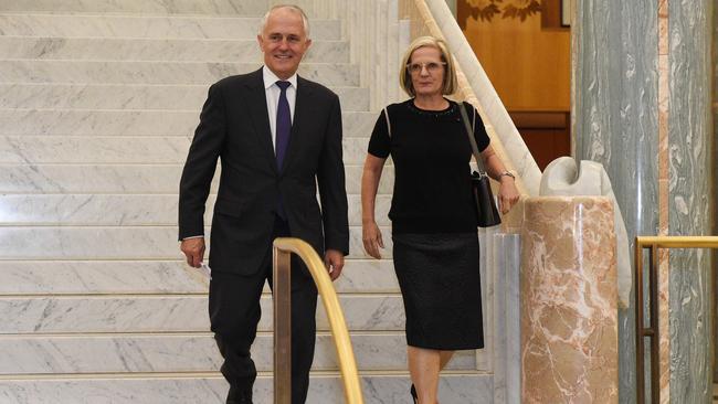 Prime Minister Malcolm Turnbull accompanied by his wife and long time adviser Lucy at a function at  Parliament House.