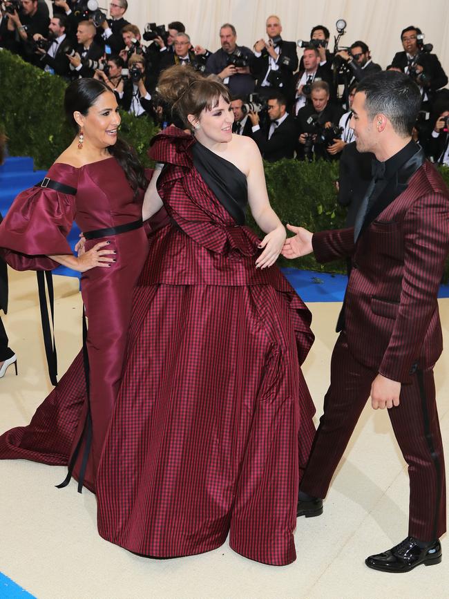 Jenni Konner, Lena Dunham and Joe Jonas attend the “Rei Kawakubo/Comme des Garcons: Art Of The In-Between” Costume Institute Gala at Metropolitan Museum of Art on May 1, 2017 in New York City. Picture: Getty