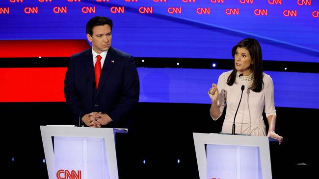 Ron DeSantis and Nikki Haley during this week’s debate. Picture: Getty Images/AFP