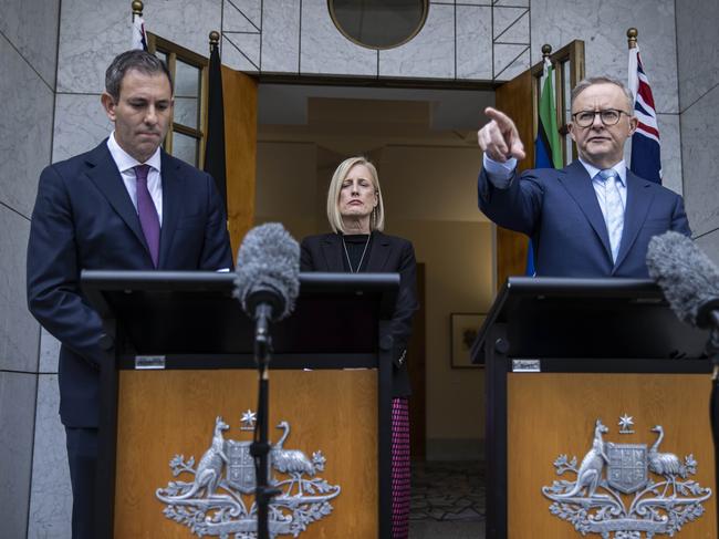 Prime Minister Anthony Albanese with Jim Chalmers and Katy Gallagher.. Picture: NCA NewsWire / Gary Ramage