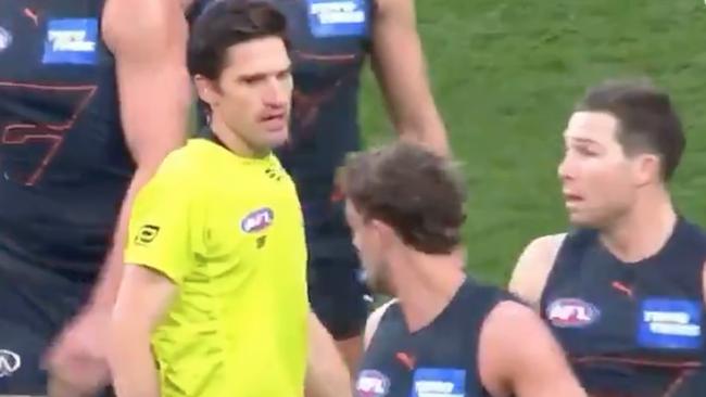 The umpire was bemused that Greene bumped into him. Source: FOX Footy