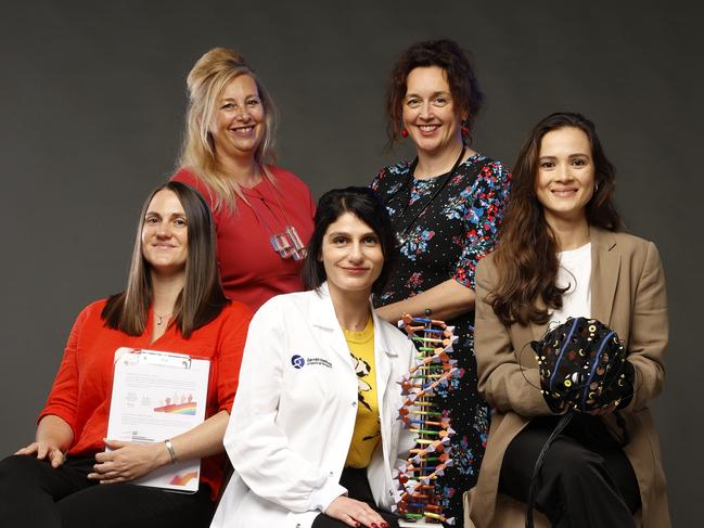 NSW NETWORK  FEBRUARY 28, 2023, PLEASE CONTACT PIC EDITOR KRISTI MILLER BEFORE PUBLISHING.Female researchers from left Kate Maston, mental health researcher, Prof Iona Novak, Cerebral palsy researcher, Amanda Kouhry, cancer Epigeneticist, Adrienne Gordon Neonatologist and Clinical researcher and Christina Maher, Biomedical engineer researching Epilepsy in the News Corp Studio in Surry Hills. Picture: Jonathan Ng