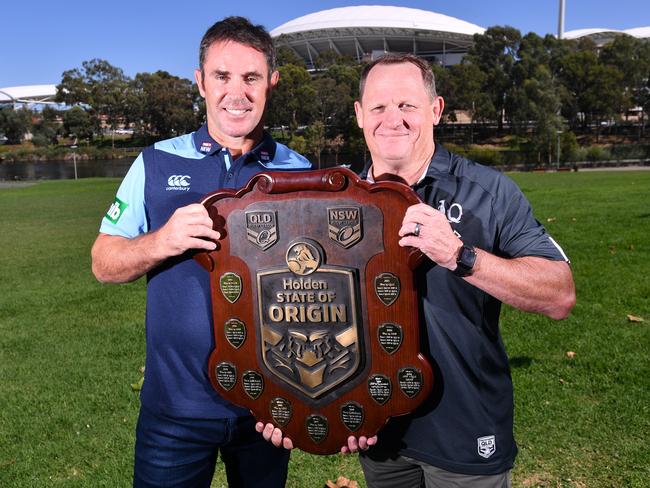 Blues coach Brad Fittler and Maroons boss Kevin Walters with the Origin shield outside Adelaide Oval. Picture: AAP/David Mariuz