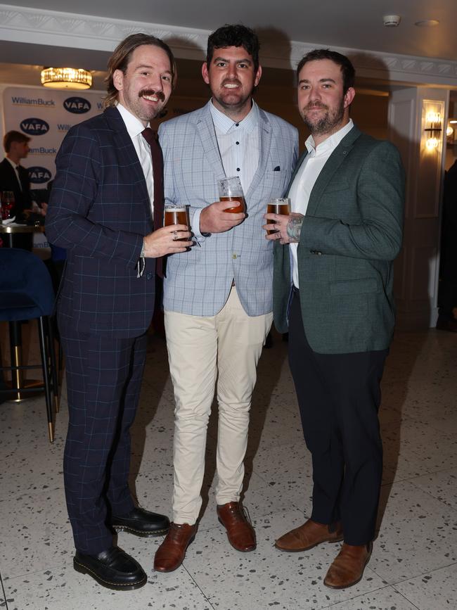 MELBOURNE, AUSTRALIA – OCTOBER 9 2024Mitch Broughton, Robert Bowen, Steven Sullivan at the VAFA Awards Night at the San Remo Ballroom in Carlton on October 9, 2024Picture: Brendan Beckett