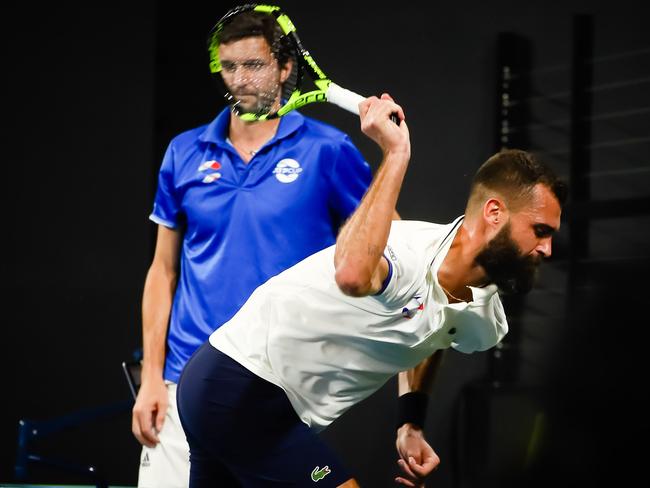 Benoit Paire smashes his racquet during the ATP Cup tournament in Brisbane in January