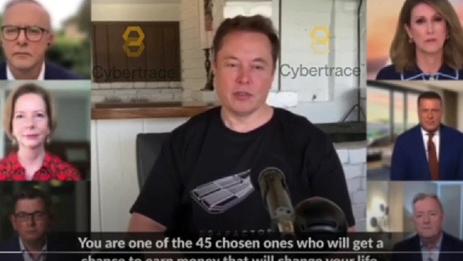 Elon Musk is joined by Anthony Albanese and other high profile Australians in a scam Facebook ad that led to one NSW losing his retirement funds. Picture: Cybertrace.