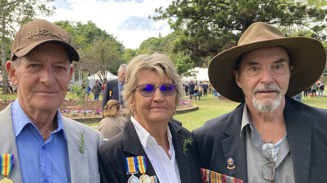 Ian Coulch, Robyn Coulch, and Glen Ross at the Gympie Anzac Day 2023 march and ceremonies.