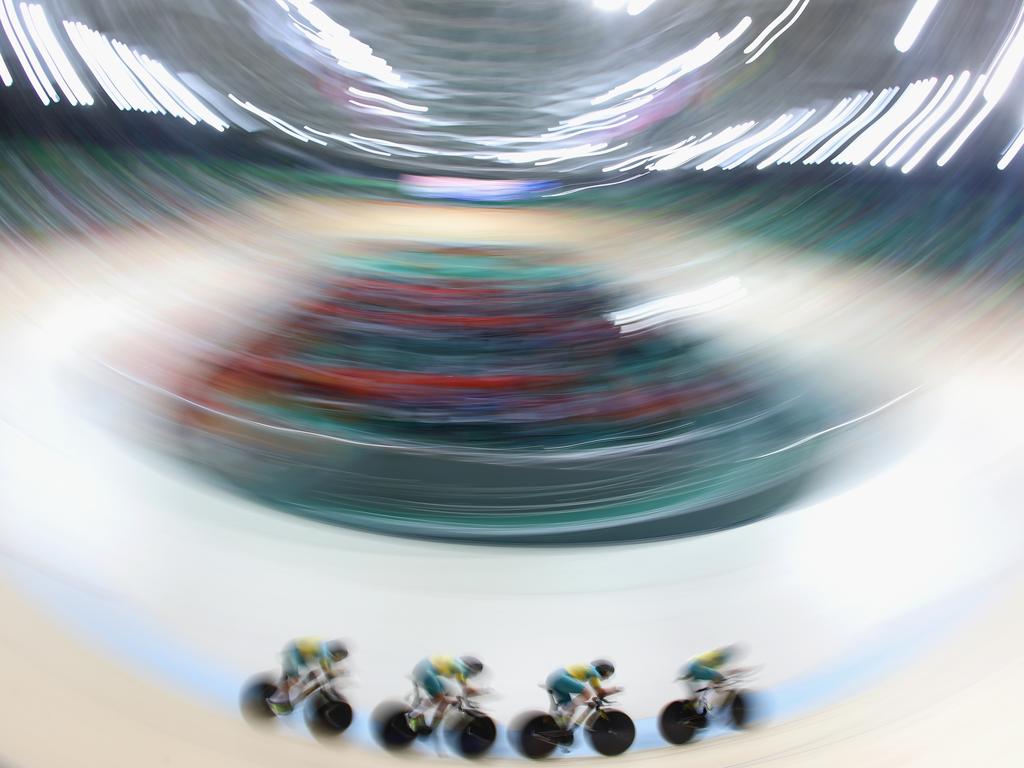 RIO DE JANEIRO, BRAZIL - AUGUST 11: Georgia Baker, Annette Edmondson, Amy Cure and Melissa Hoskins of Australia compete in the Women's Team Pursuit Track Cycling Qualifying on Day 6 of the 2016 Rio Olympics at Rio Olympic Velodrome on August 11, 2016 in Rio de Janeiro, Brazil. (Photo by Ryan Pierse/Getty Images)