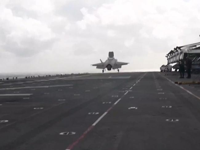 One of the fighter jets takes off from the USS America while it was off the coast of Queensland for Exercise Talisman Sabre 2021 in this still from a video. Picture: Supplied