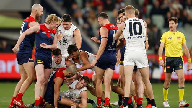 Tempers flared just before half-time on Saturday night. Picture: Michael Willson/AFL Photos