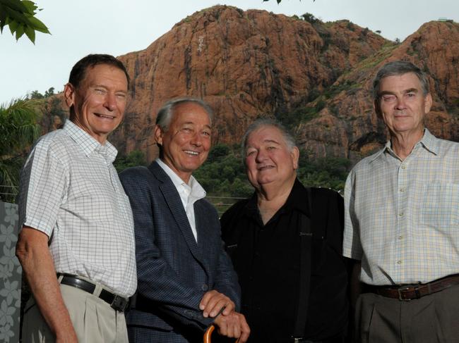 Former Townsville Uni College students who painted The Saint on Castle Hill in March 1962. Lyall Ford, Barrie Von Snarski, Peter Higgins and Rod Froyland have got together for the 50th anniversary reunion.