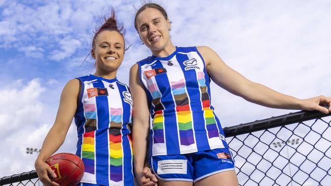 North Melbourne AFLW players Jasmine Garner and Jenna Bruton for AFLW Pride Round. They have been in a relationship for around 10 years.Picture by Wayne Taylor 11th October 2022