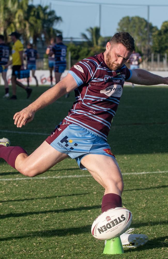 Trey Brown steps in to land another conversion for the CQ Capras. Picture: Michaela Harlow