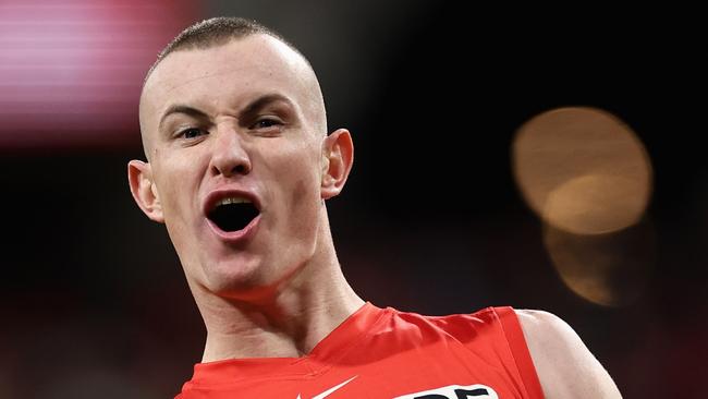 SYDNEY, AUSTRALIA - JUNE 22: Chad Warner of the Swans celebrates kicking a goal during the round 15 AFL match between Greater Western Sydney Giants and Sydney Swans at ENGIE Stadium, on June 22, 2024, in Sydney, Australia. (Photo by Cameron Spencer/Getty Images)