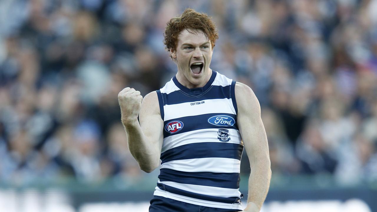 Gary Rohan celebrates a goal in his first season at Geelong.