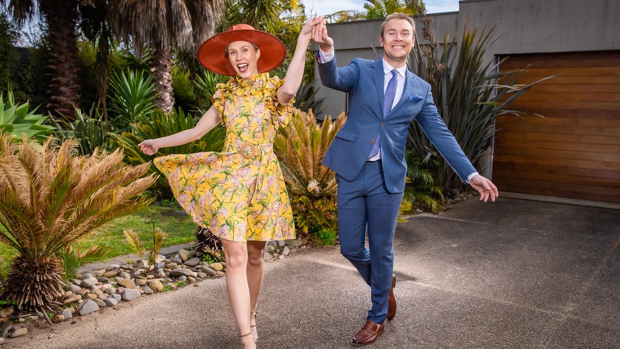 Myer Fashions on your Front Lawn ambassador Crystal Kimber and partner Andy Peters are gearing up for a fashionable Melbourne Cup Carnival. Picture: Jason Edwards