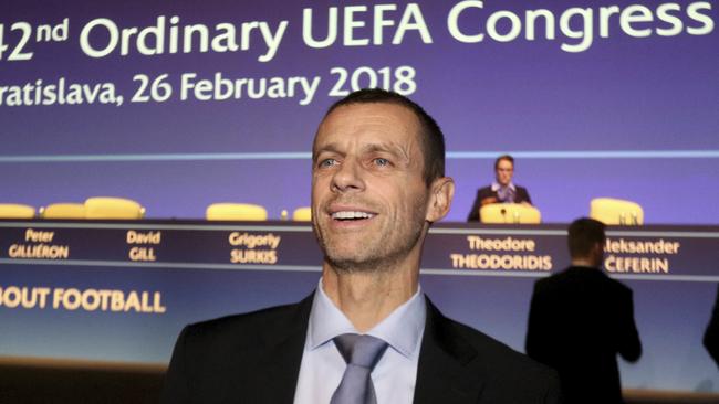 UEFA President Aleksander Ceferin waits before a press conference after the 42nd ordinary UEFA congress