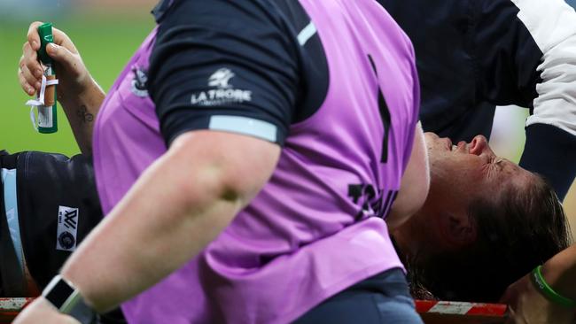 Bri Davey was stretchered from the field. Picture: Getty