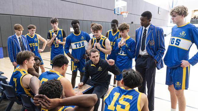 Toowoomba Grammar School 1st V coach Jacob Zupp during a timeout against Churchie 1st V in Round 4 GPS basketball at Toowoomba Grammar School, Saturday, August 3, 2024. Picture: Kevin Farmer