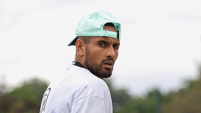 LONDON, ENGLAND - JULY 05: Nick Kyrgios of Australia reacts on the practice courts on day nine of The Championships Wimbledon 2022 at All England Lawn Tennis and Croquet Club on July 05, 2022 in London, England. (Photo by Clive Brunskill/Getty Images)