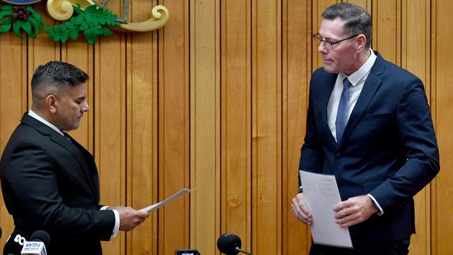 Townsville City Council CEO Prins Ralston and Mayor Troy Thompson at the swearing in ceremony held on Wednesday. Dr Ralston has resigned. Picture: Evan Morgan