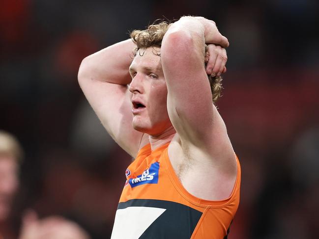 SYDNEY, AUSTRALIA - SEPTEMBER 14:  Tom Green of the Giants looks dejected at full time during the AFL First Semi Final match between GWS Giants and Brisbane Lions at ENGIE Stadium, on September 14, 2024, in Sydney, Australia. (Photo by Matt King/AFL Photos/via Getty Images)