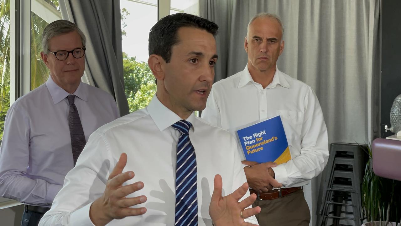 Shadow Attorney-General Timothy Nicholls, opposition leader David Crisafulli and Mackay LNP candidate Nigel Dalton in Mackay October 10, 2024. Photo: Fergus Gregg