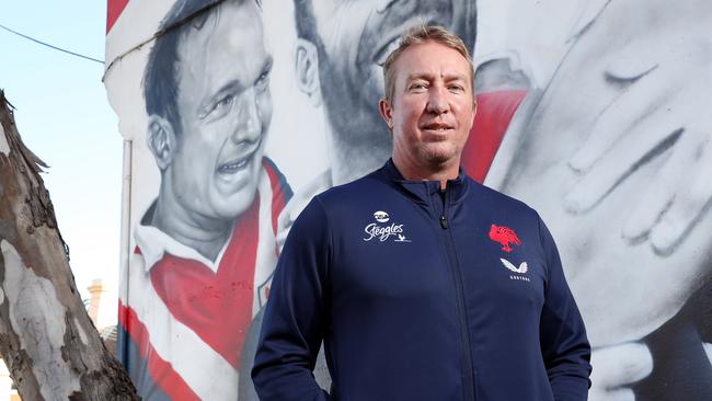 Pictured is Sydney Roosters coach Trent Robinson at club legends mural at Bondi Junction which now includes a portrait of retiring Sydney Roosters co-captain Jake Friend.Picture: Richard Dobson