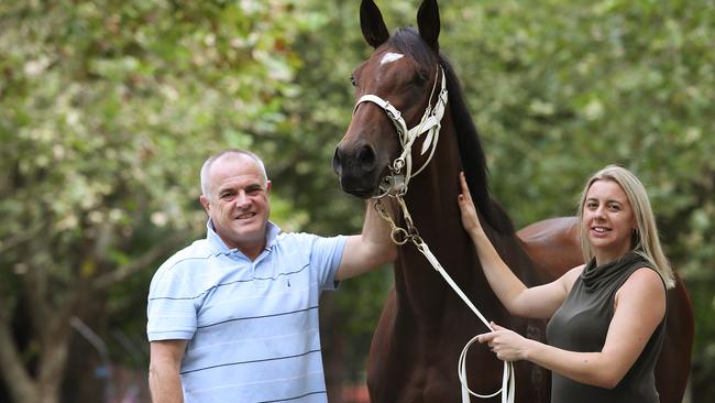 Trainer Lee Curtis and wife Cherie with Lasqueti Spirit at their Rosehill stable in Sydney. Picture: Brett Costello