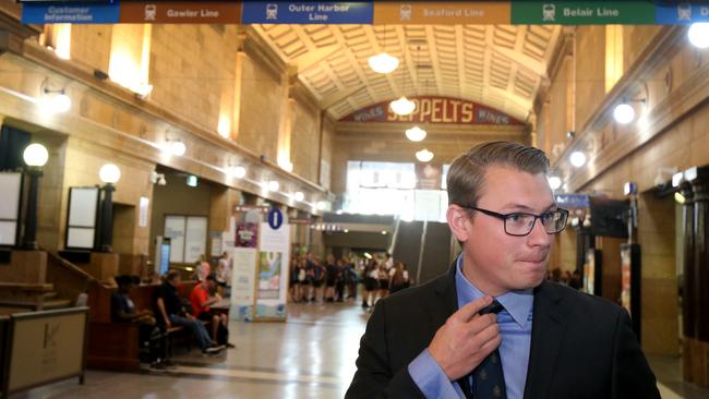 Local Government Minister Stephan Knoll at Adelaide Railway Station for a press conference. Picture: AAP / Kelly Barnes