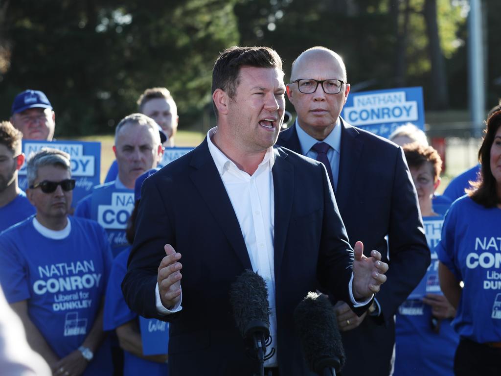 Mr Conroy takes to the stand at the press conference. Picture: NCA NewsWire / David Crosling