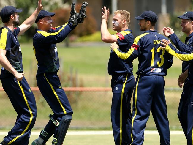 Plenty Valley celebrate a Dayne Smith wicket on Saturday. Picture: Hamish Blair