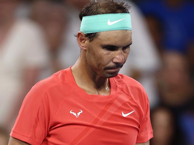 BRISBANE, AUSTRALIA - JANUARY 05: Rafael Nadal of Spain leaves the court for medical treatment in his match against Jordan Thompson of Australia  during day six of the  2024 Brisbane International at Queensland Tennis Centre on January 05, 2024 in Brisbane, Australia. (Photo by Chris Hyde/Getty Images)