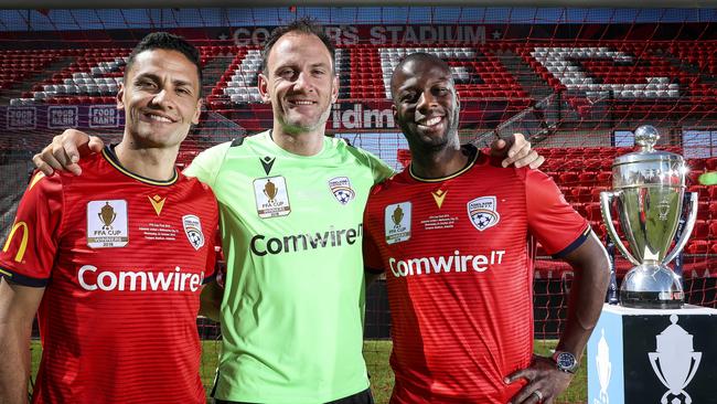 Adelaide United greats Marcelo Carrusca, Eugene Galekovic and Bruce Djite reflect on their success in the inaugural FFA Cup. Picture: Sarah Reed