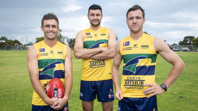 Woodville-West Torrens SANFL recruits Jarred Allmond, Connor Ballenden and Mitch Duval at Eastern Parade Reserve. Picture: Mark Brake