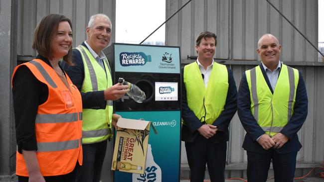 Jo-Anne Fearman, City Mission CEO, Environment Minister Nick Duigan, James Dorney, CEO TOMRA Cleanaway, and Ben Kearney, chair of TasRecycle. Launching Recycle Rewards, Tasmania container deposit scheme. Picture: Supplied