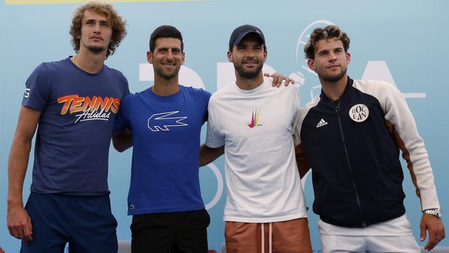 Alexander Zverev, Novak Djokovic, Grigor Dimitrov and Dominic Thiem after a press conference prior to their charity tournament in Belgrade. Picture: AP