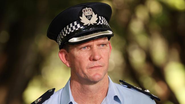 Acting Superintendent Brad Inskip at the scene where an 18 year-old missing man has been found dead in the Ross River, Townsville. Picture: Liam Kidston