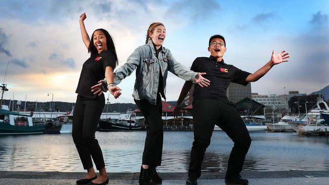 L-R Ariela Perez 18, Stella Fisher 17, Caleb Chin, 14, are some of the 46 members of the Boston Children's Chorus who will perform in Hobart as part of the Festival of Voices 2019. Picture: NIKKI DAVIS-JONES