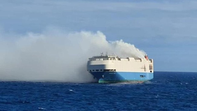 The Felicity Ace cargo carrier is still on fire off the coast of Portugal. Picture: Marinha Portuguesa