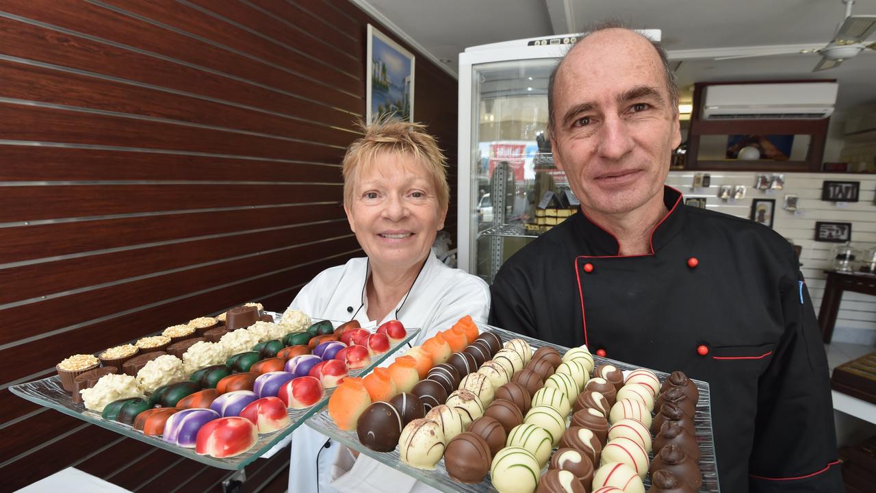 Le Petit Chocolatier – owner Eric Barrera and staff member Claire Dekeyser with some of the chocolates for sale in the Main St store. Photo: Alistair Brightman / Fraser Coast Chronicle