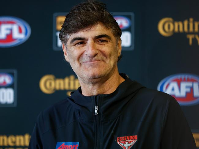 MELBOURNE, AUSTRALIA - OCTOBER 09: Adrian Dodoro, General Manager - List & Recruiting of the Bombers speaks with media during the 2023 Continental Tyres AFL Trade Period at Marvel Stadium on October 09, 2023 in Melbourne, Australia. (Photo by Michael Willson/AFL Photos via Getty Images)