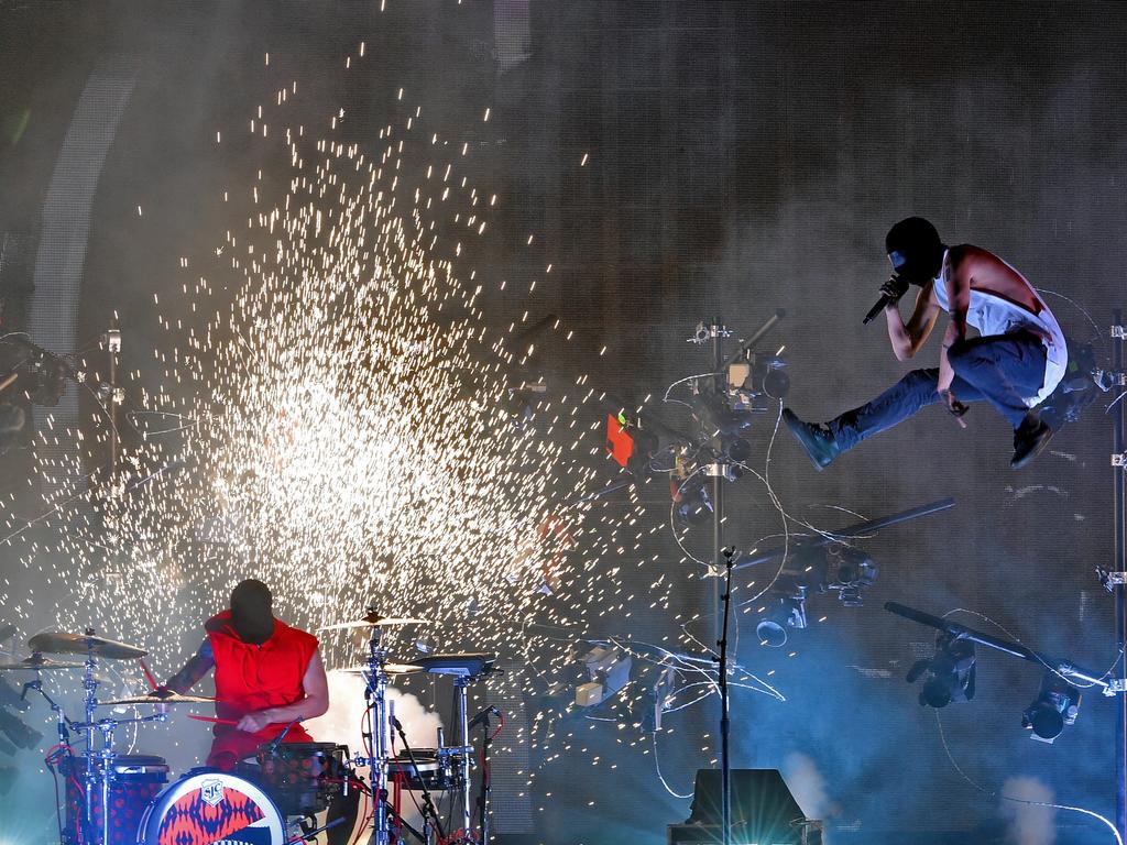 Musicians Josh Dun and Tyler Joseph of Twenty One Pilots perform onstage during the 2016 American Music Awards at Microsoft Theater on November 20, 2016 in Los Angeles, California. Picture: Getty