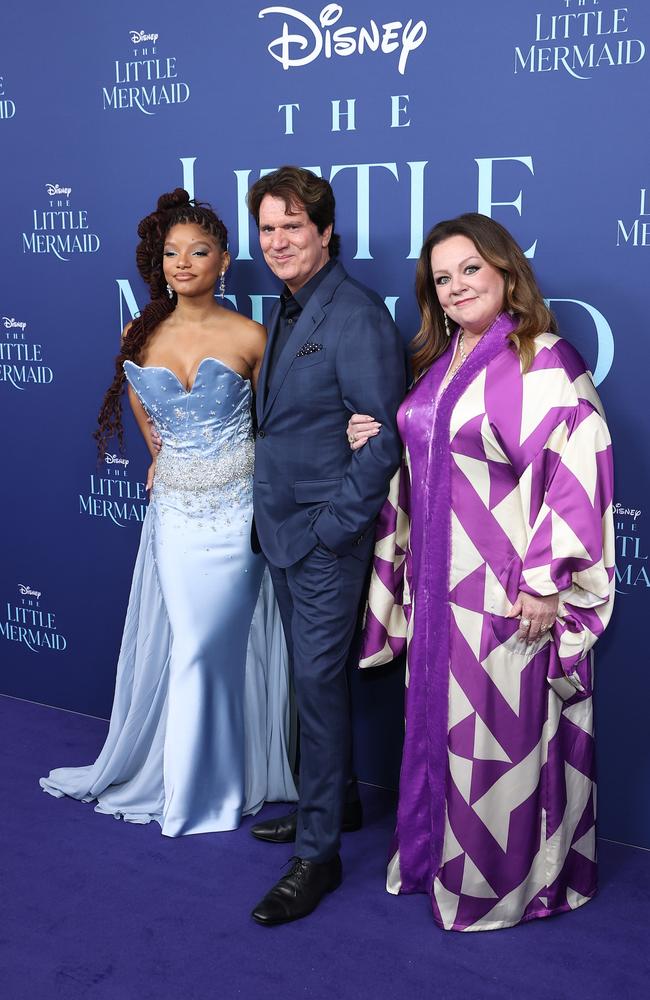 Halle Bailey and Melissa McCarthy, far right, with The Little Mermaid director, Rob Marshall, in Sydney last week. Picture: Getty Images