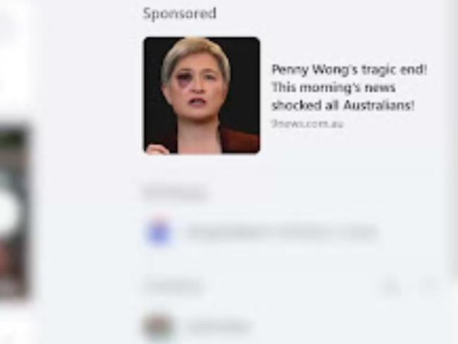 A Facebook ad showing an altered image of and fake news about Penny Wong.