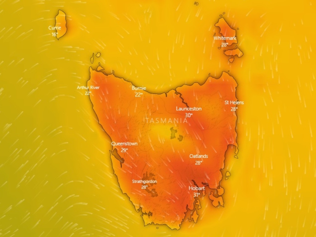 Parts of Tasmania are expected to hit maximum temps of more than 30C today. Photo: Windy.com