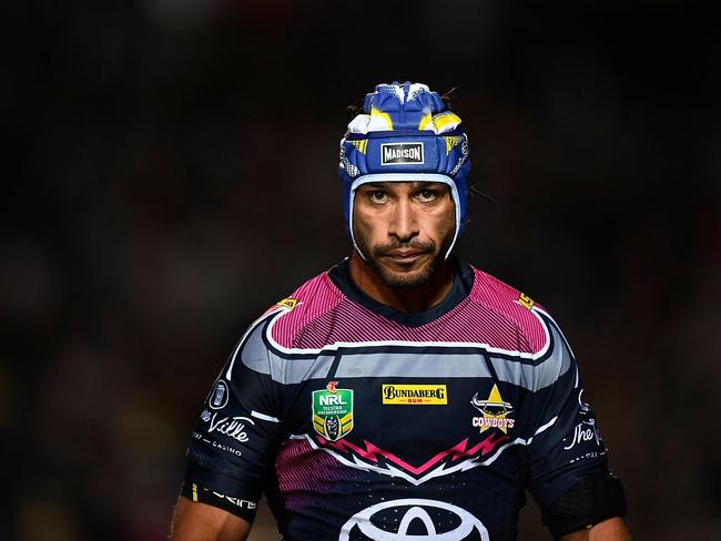 TOWNSVILLE, AUSTRALIA - AUGUST 09: Johnathan Thurston of the Cowboys looks on during the round 22 NRL match between the North Queensland Cowboys and the Brisbane Broncos at 1300SMILES Stadium on August 9, 2018 in Townsville, Australia. (Photo by Ian Hitchcock/Getty Images)