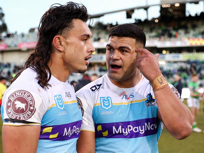Tino Fa'asuamaleaui and David Fifita after the Round 18 Canberra Raiders v Gold Coast Titans game in 2023. Picture: NRL Images