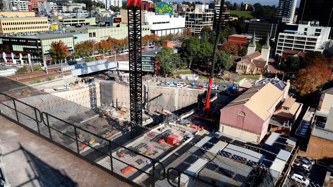 A view from the back of Parramatta Town Hall in May 2019 shows the redevelopment’s early phase when a hole dominated the landscape. Picture: Angelo Velardo