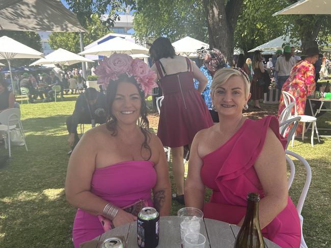 Tanya Mimi and Tina Cassidy enjoying the Melbourne Cup. Picture: Oscar Jaeger